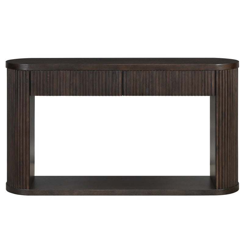 Front product view of the espresso oval fluted console with closed drawers and lower shelf