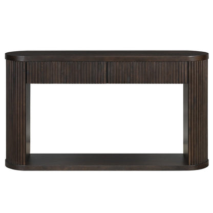 Front product view of the espresso oval fluted console with closed drawers and lower shelf