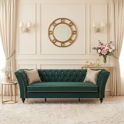 Chesterfield Sofa with Contrast Piping — green upholstery option.