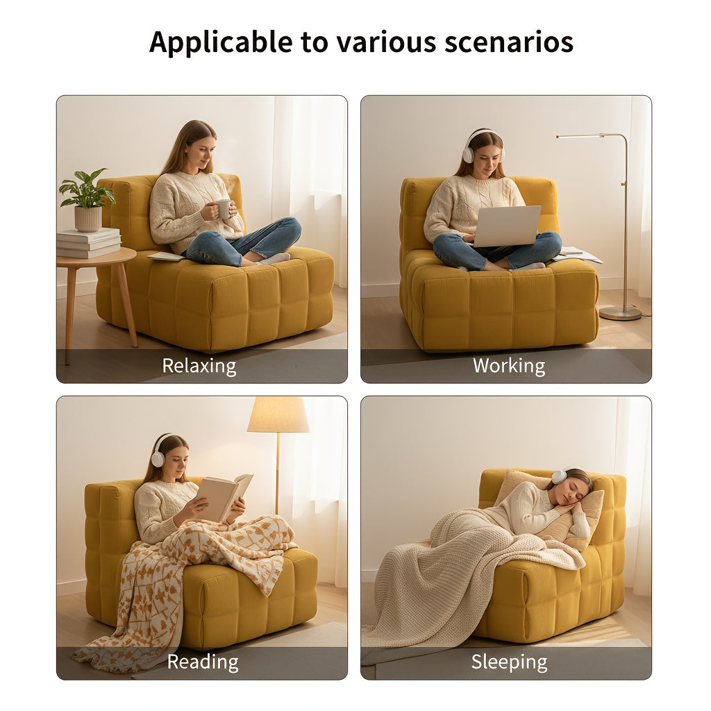 Collage of a person relaxing, working, reading and resting in the yellow chair