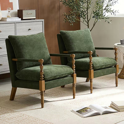 Green upholstered accent chair with turned wood front posts