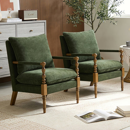 Green upholstered accent chair with turned wood front posts — turned wood frame detail