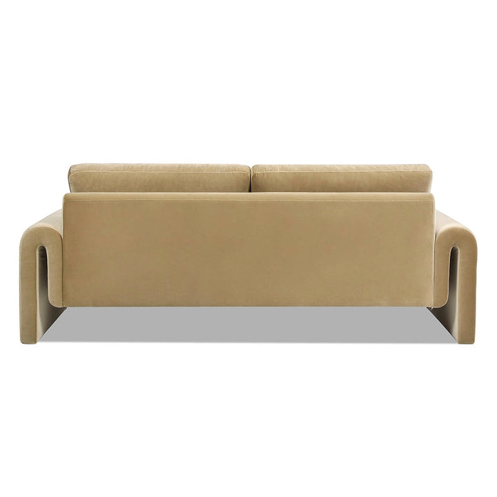 Rear view of the beige Mason sofa showing its upholstered back and arched arms.