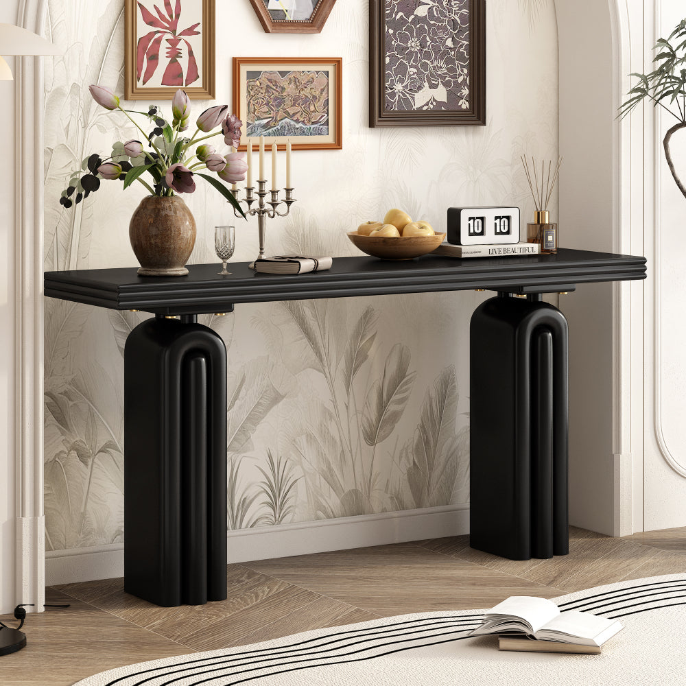 Angled room view of the black architectural console.