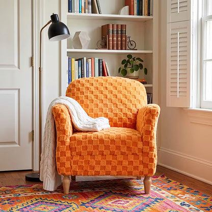 Orange checkerboard corduroy accent armchair with brown wood legs