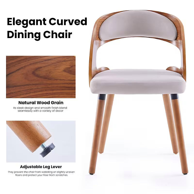 White upholstered dining chair with a curved brown wood look back