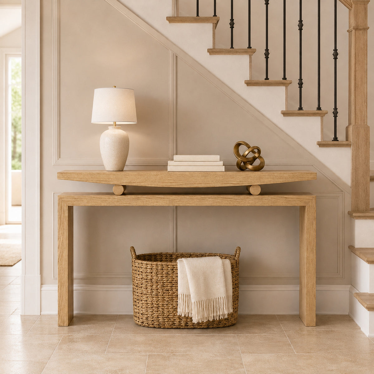 Natural wood veneer console with raised floating-style top beneath a staircase