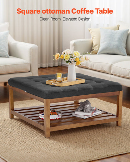 Square dark gray tufted ottoman coffee table in room graphic