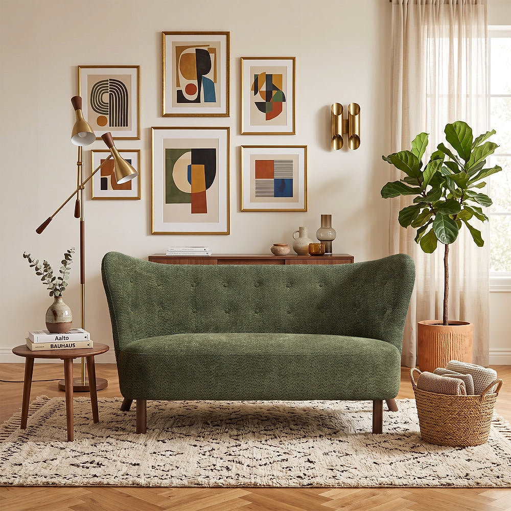 Olive green chenille loveseat with a curved back and wood legs beneath framed wall art.
