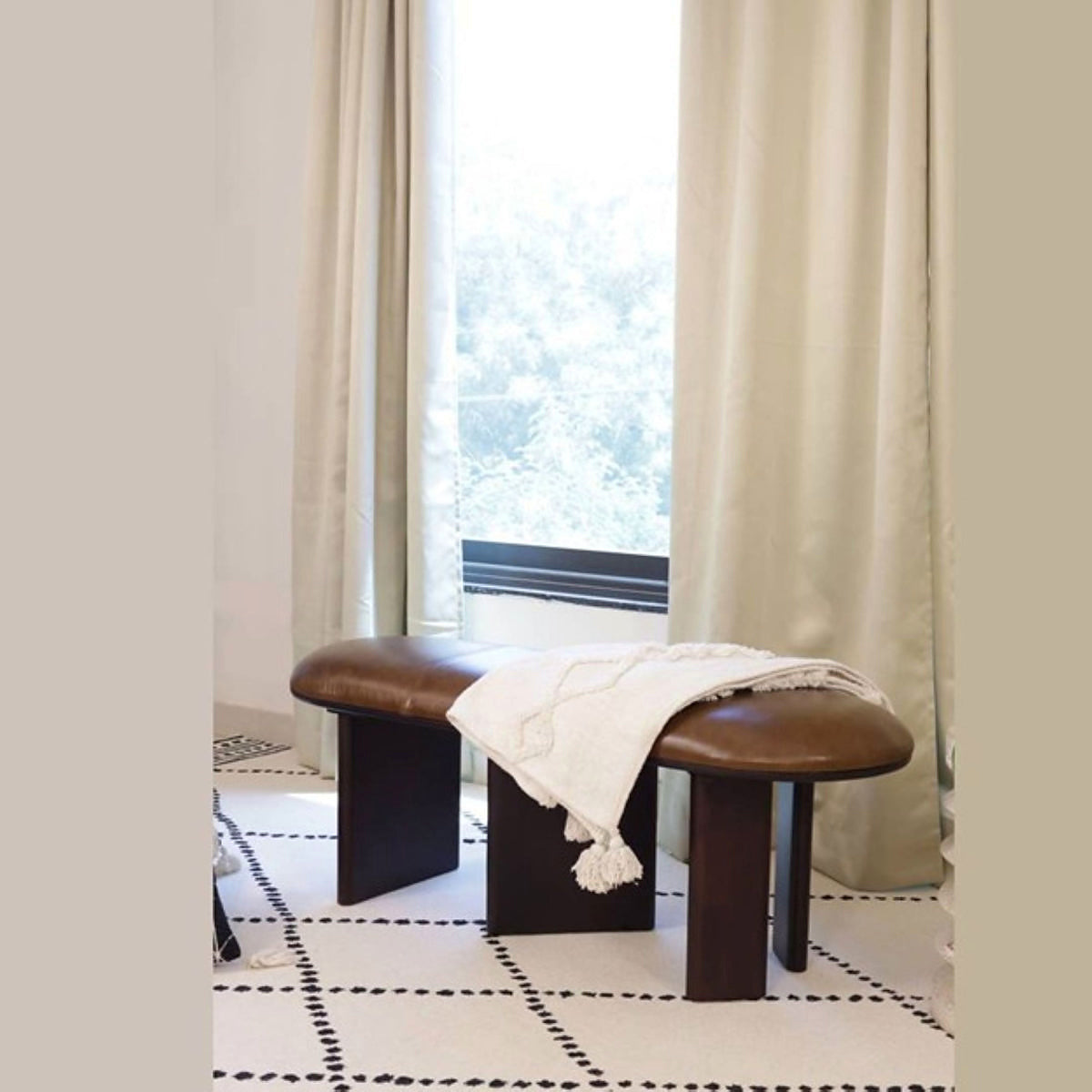 Brown Upholstered Bench with Panel-Leg Base
