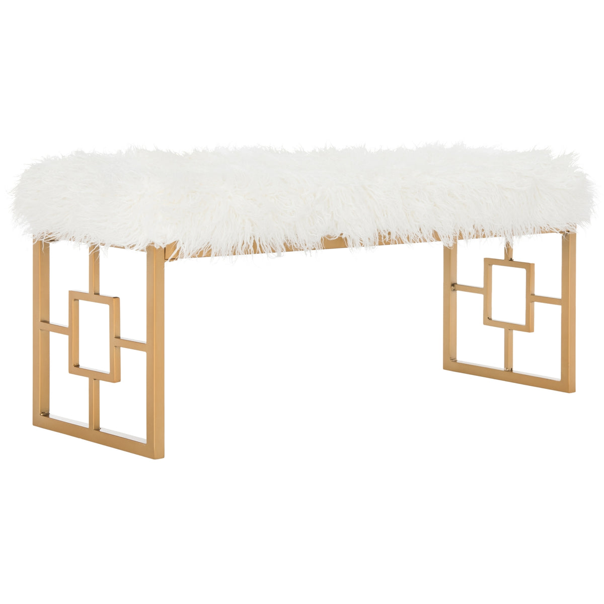 Mera Ivory Faux-Lamb Bench with Gold-Tone Base — rear three-quarter view of the bench