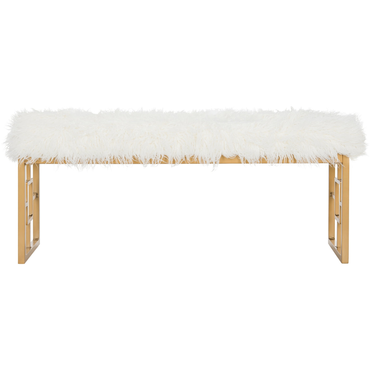 Mera Ivory Faux-Lamb Bench with Gold-Tone Base — angled front view of the bench