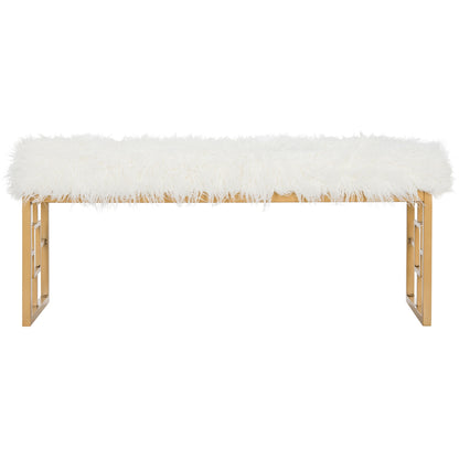 Mera Ivory Faux-Lamb Bench with Gold-Tone Base — angled front view of the bench
