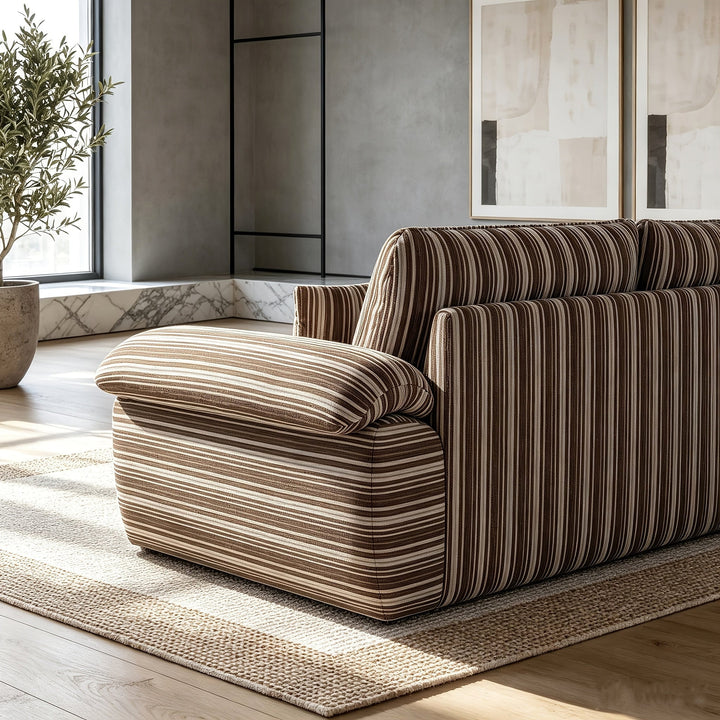 Wren Green Striped Deep-Seat Cloud Sofa — brown colorway arm detail; available option is green