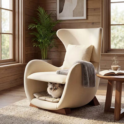 Beige sculptural upholstered accent chair with a curved wood frame and lower storage nook