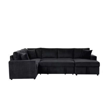 Rinaldo Black Corduroy Sleeper Sectional — front view with sleeper section extended.