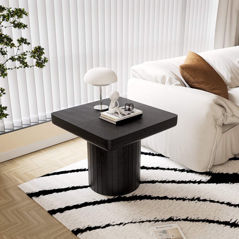 23.6-Inch Contemporary Square Side Table Featuring Solid Wood Veneer And a Parquet Design, a Minimalist Accent Table with a Grooved Cylindrical Base Suitable for The Living Room Or Bedroom in a Matte Black End