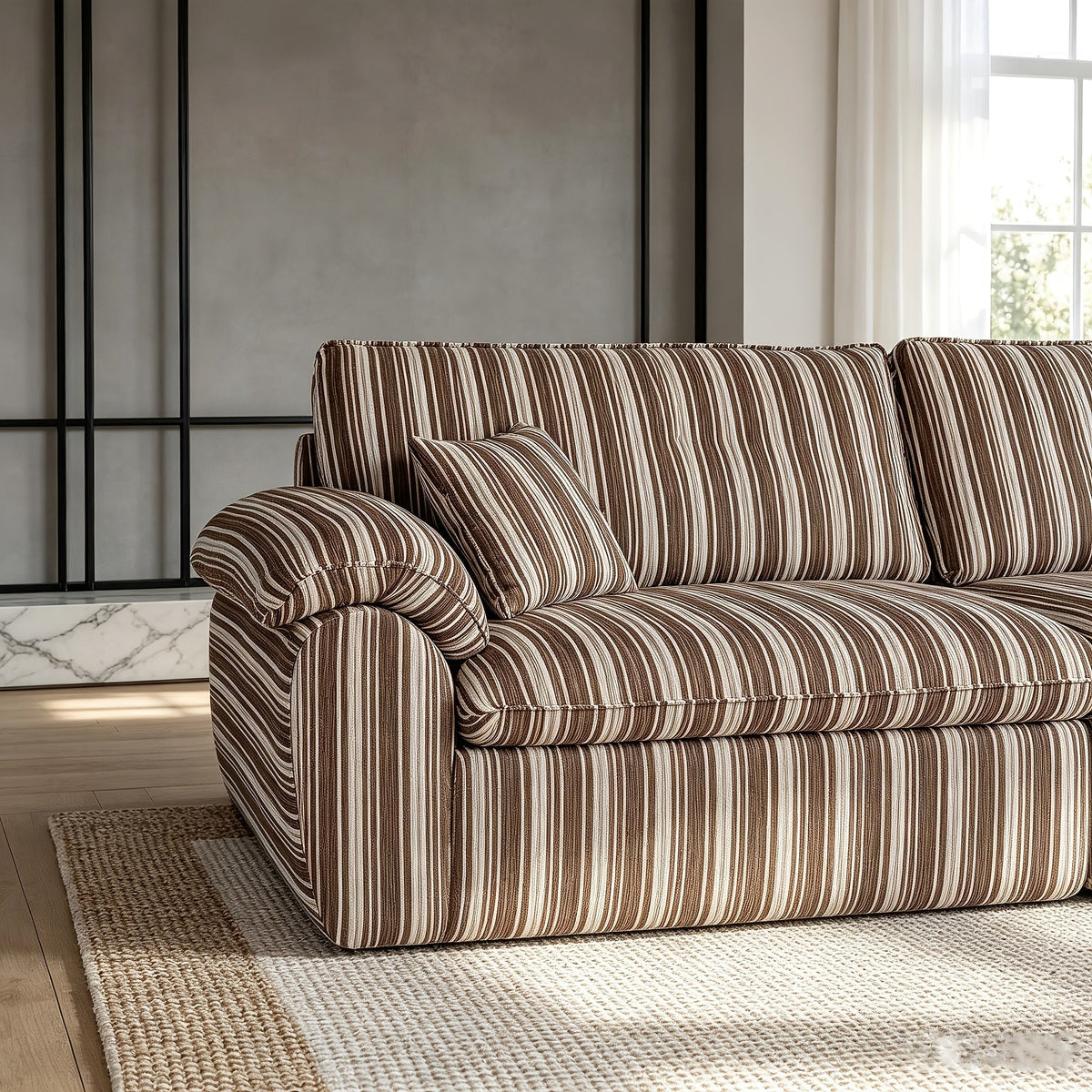Wren Green Striped Deep-Seat Cloud Sofa — brown colorway cushion detail; available option is green