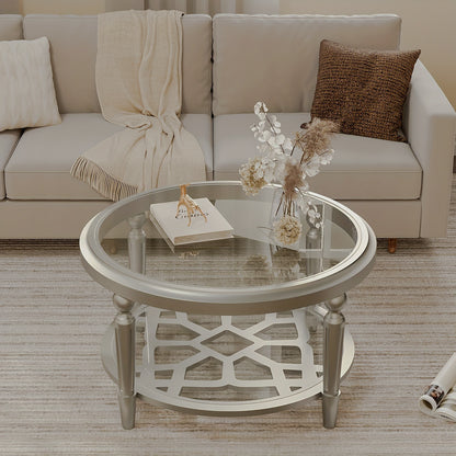 Champagne glass-top table showing geometric cutout lower shelf