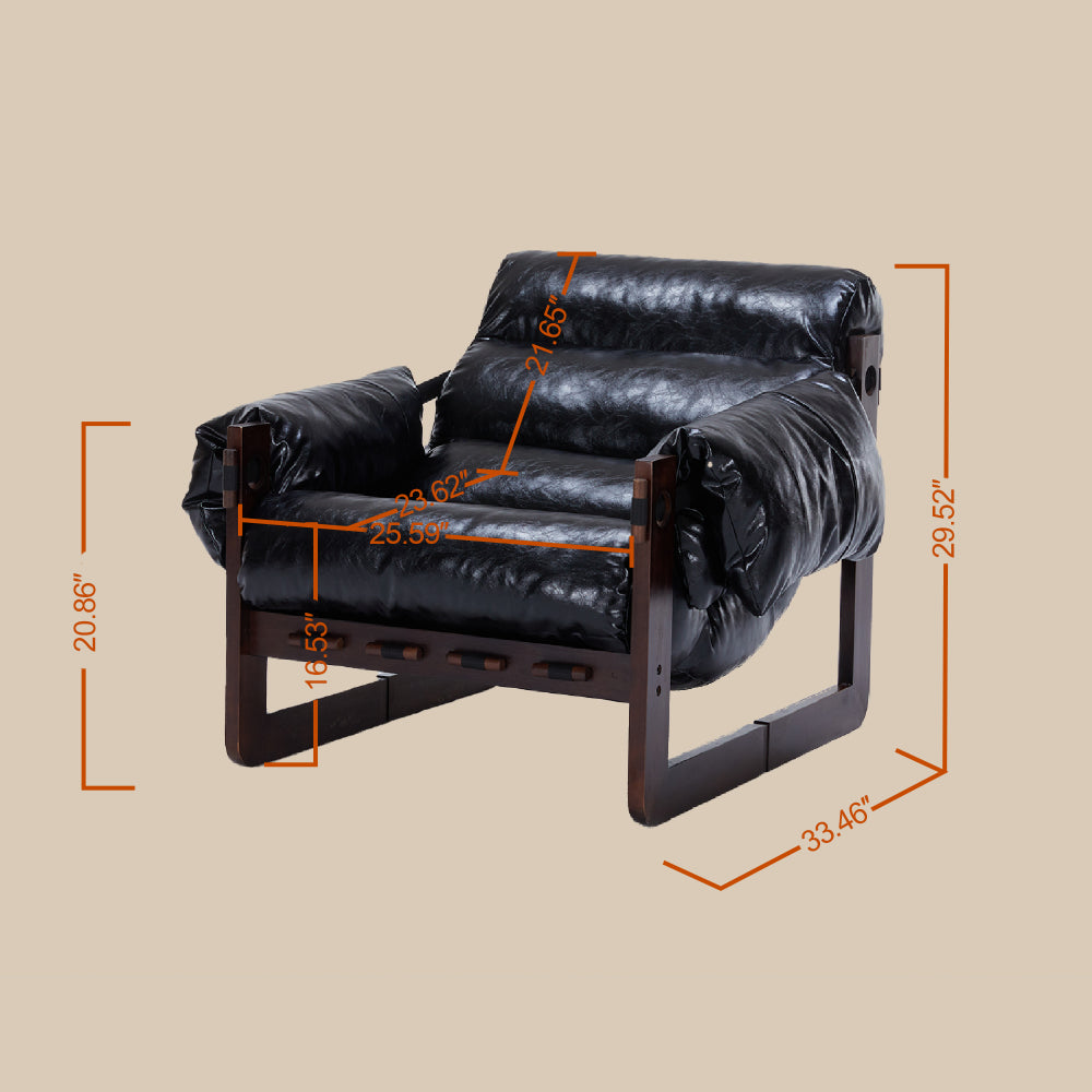 Antique Black Wood-Frame Lounge Chair — overall and seat dimensions diagram