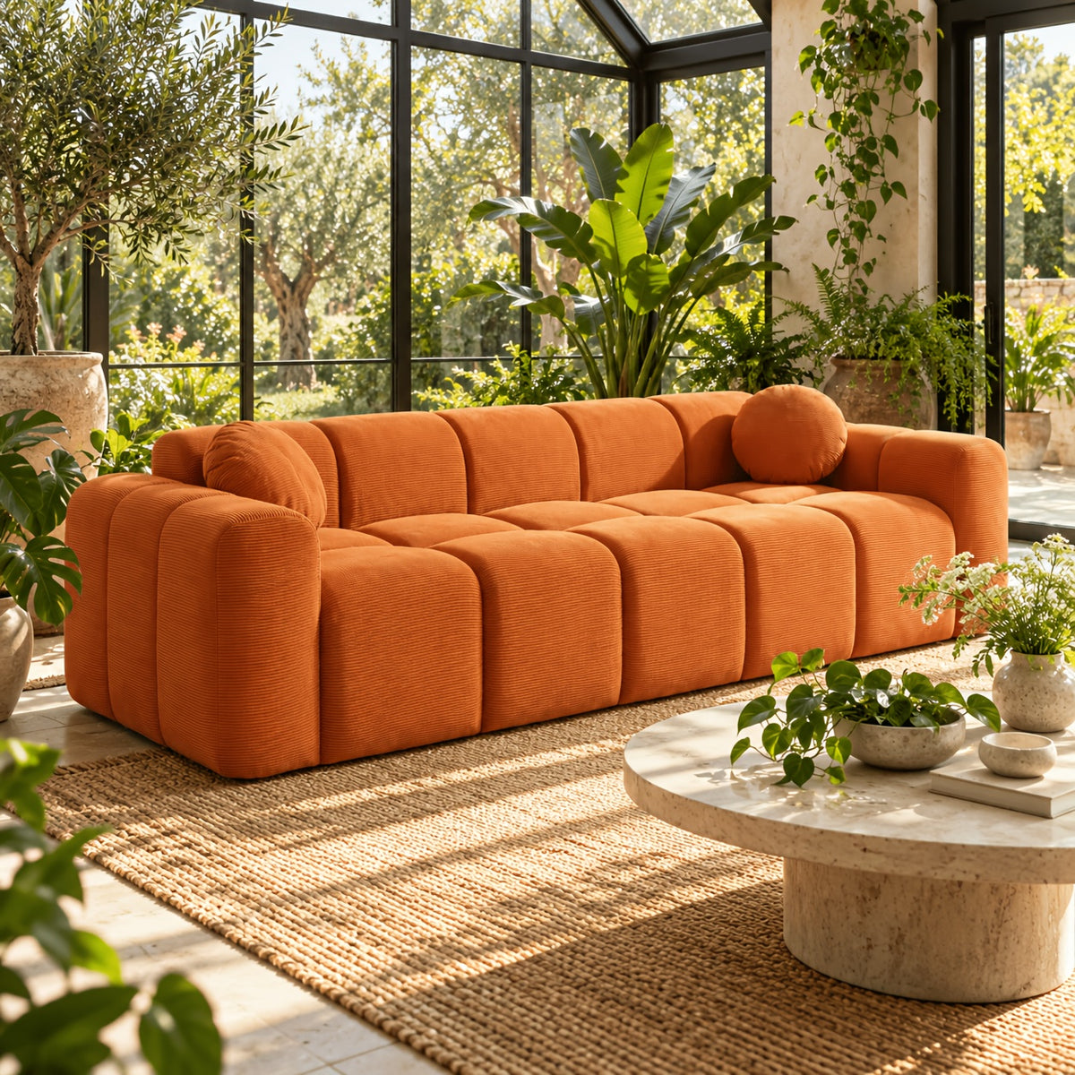 98-Inch Corduroy Low-Profile Sofa — tangerine sofa in a sunroom setting