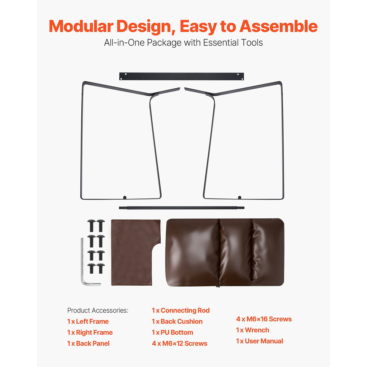 Brown faux leather sling chair with a black iron frame — assembly illustration
