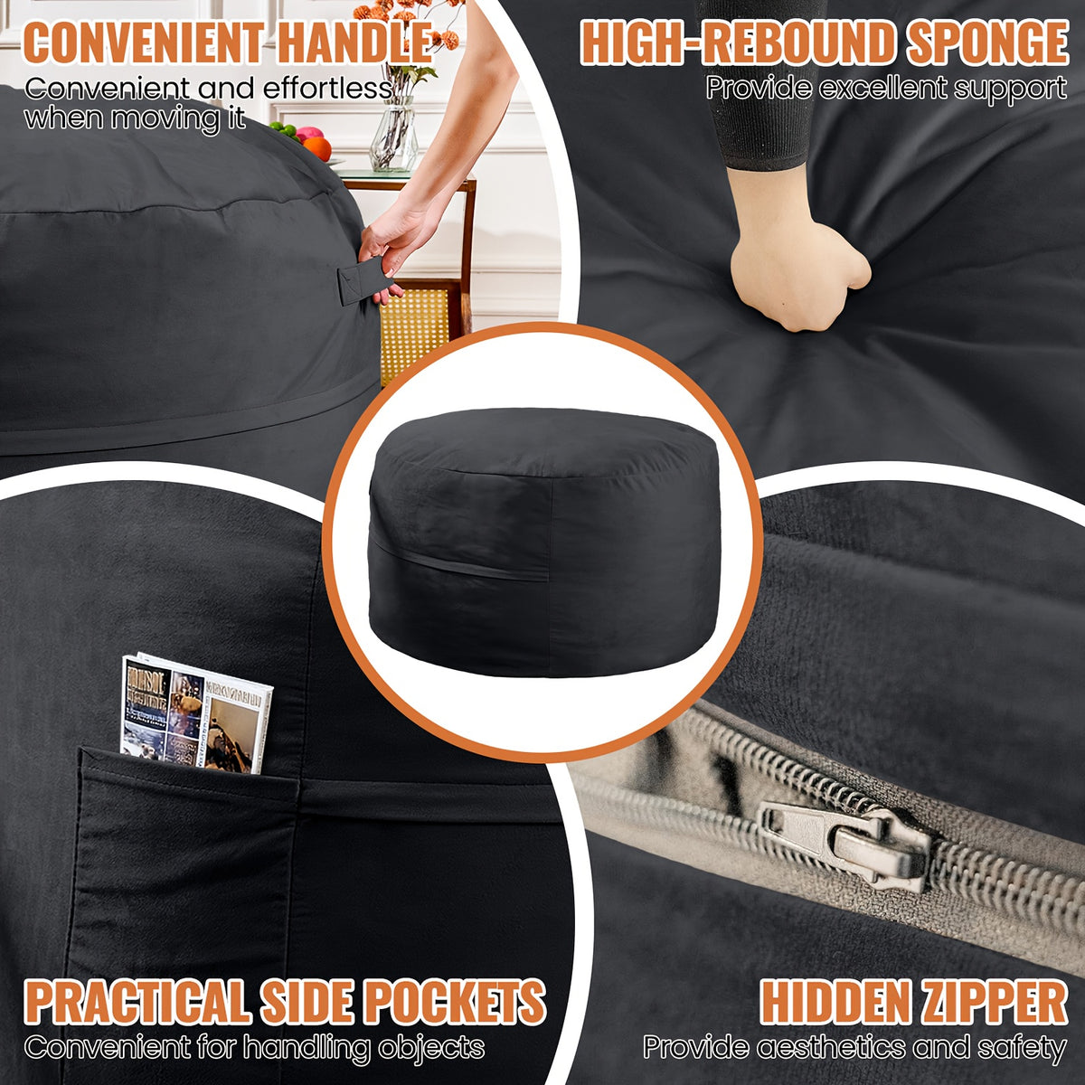 Detail collage showing bean bag carry handle, side pocket, cushion and hidden zipper