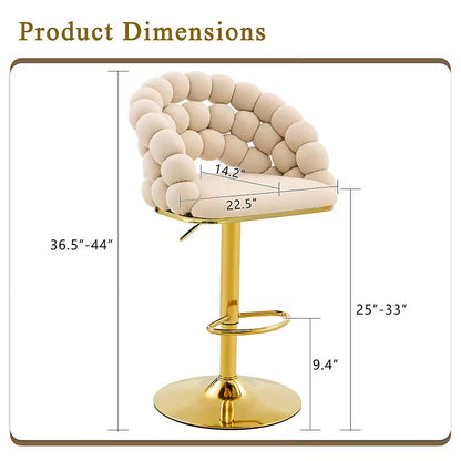 Beige bubble velvet bar stool with a gold tone base — dimension diagram