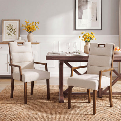 Walnut finish beige upholstered dining armchair with a rubberwood frame