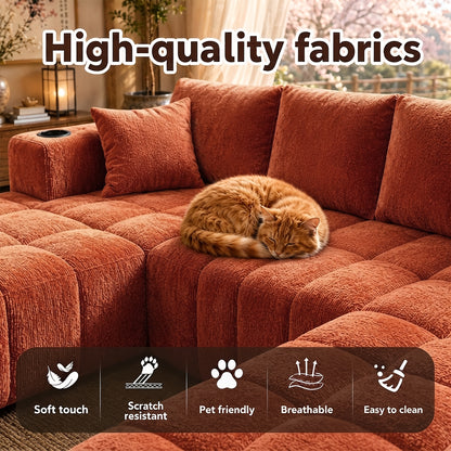 Chenille Modular Sectional with Cup Holders — orange fabric and seat close-ups with supplier icons