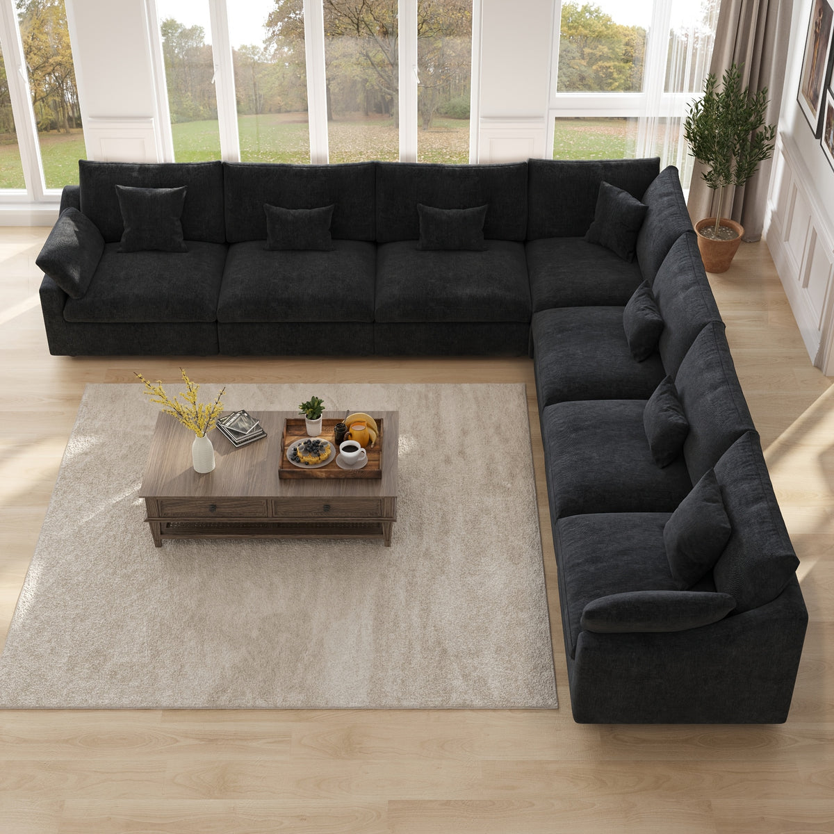 155-Inch Chenille L-Shaped Modular Sectional — black overhead L-shaped layout