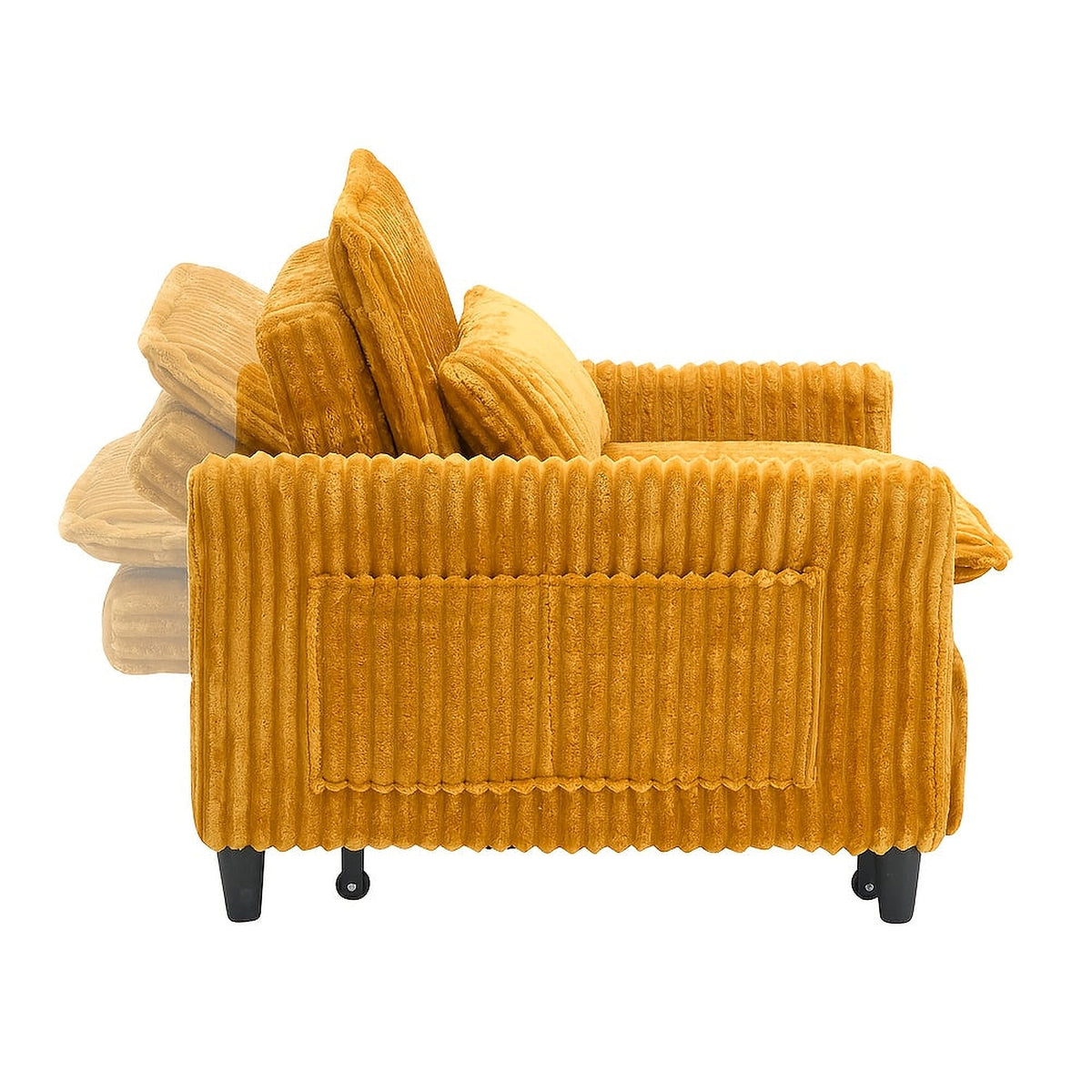 Yellow convertible chair — reclining angle and side pocket