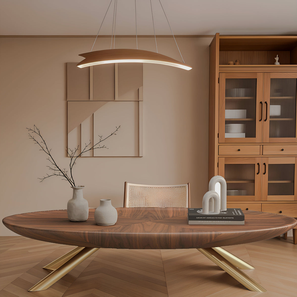 Wood-Look Oval Coffee Table with Crossed Gold-Tone Legs
