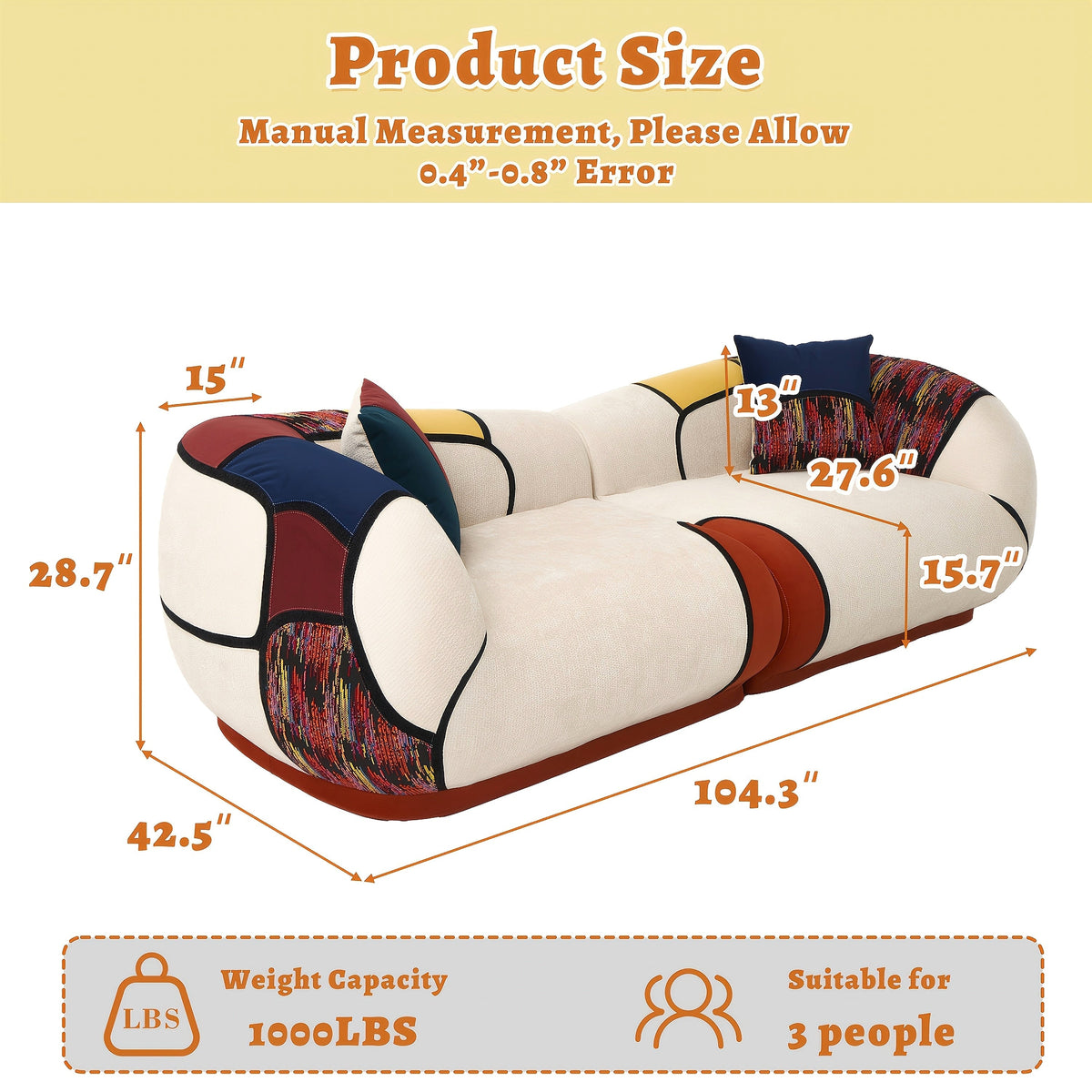 Sofa dimension diagram labeled 104.3 by 42.5 by 28.7 inches, with a stated capacity of three people.