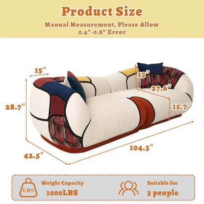 Sofa dimension diagram labeled 104.3 by 42.5 by 28.7 inches, with a stated capacity of three people.