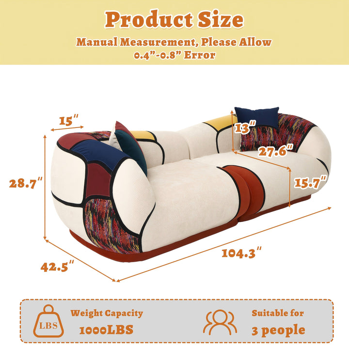 Sofa dimension diagram labeled 104.3 by 42.5 by 28.7 inches, with a stated capacity of three people.
