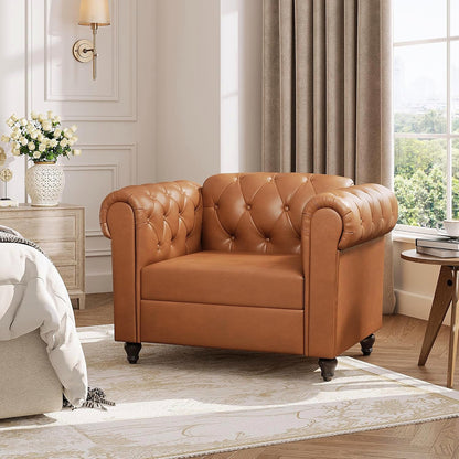 Brown faux leather Chesterfield club chair with rolled arms and turned wood feet