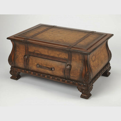 Front angle of map-print bombe coffee table