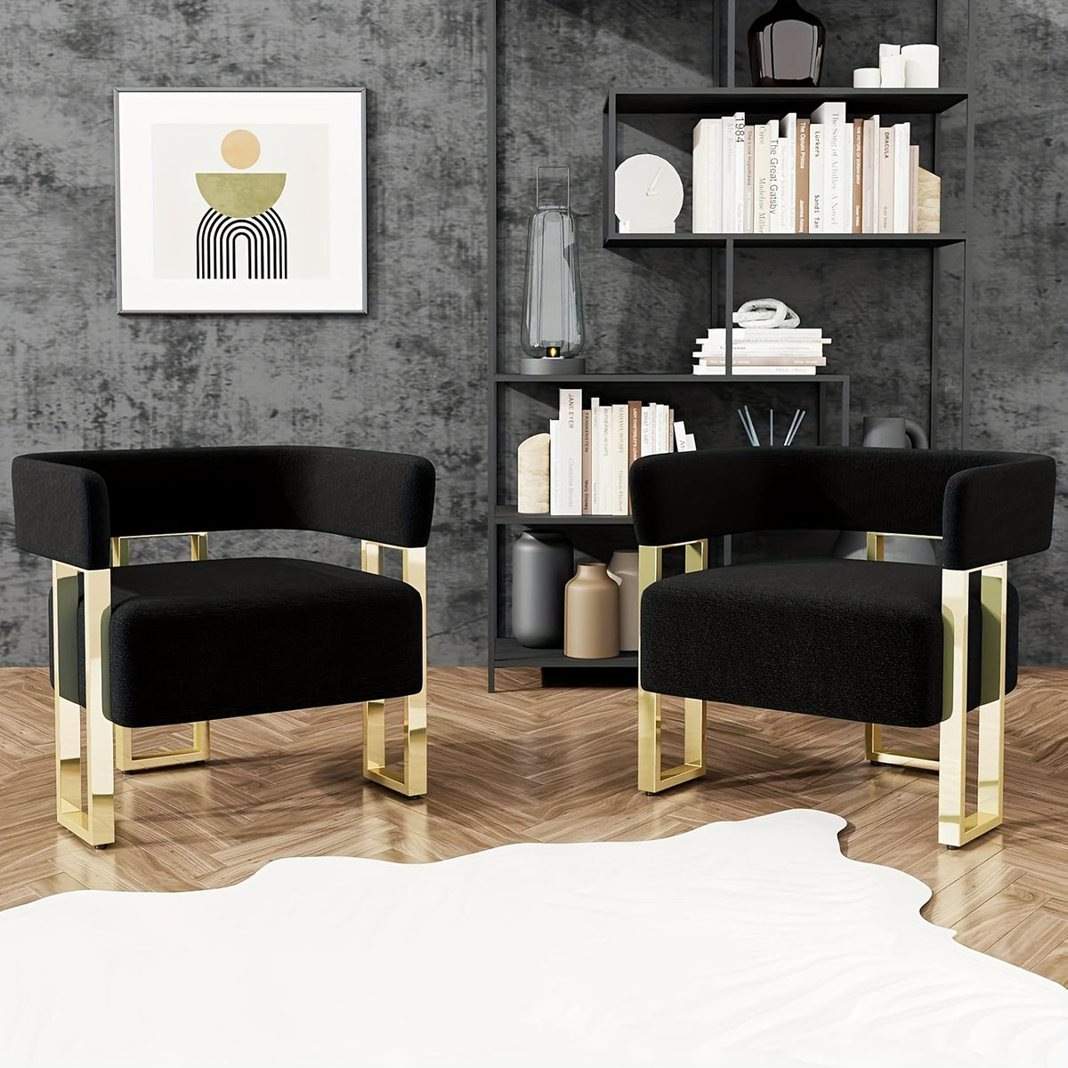 Cutout-Back Accent Chair with Gold-Tone Base — two black chairs in a dark room