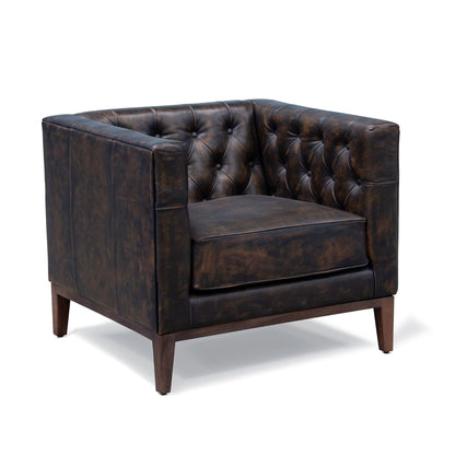33" Brown and Black Antiqued Top Grain Leather Tufted Club Chair - 555320