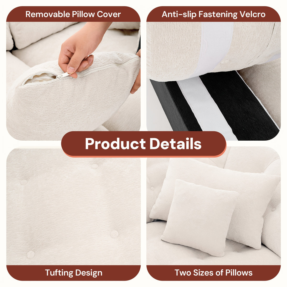 Contrast Modular Cloud Sofa — pillow zipper, fastening and tufting details.