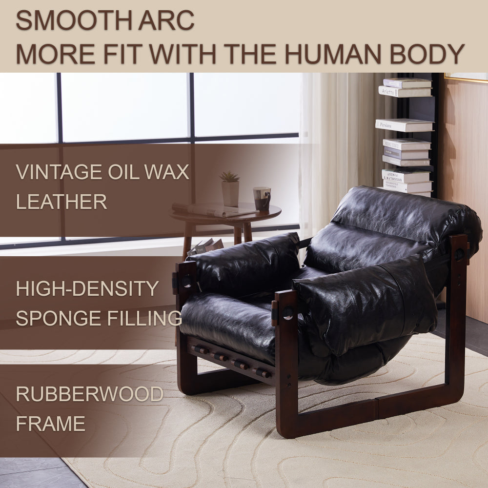 Antique Black Wood-Frame Lounge Chair — frame, padding and upholstery information panel