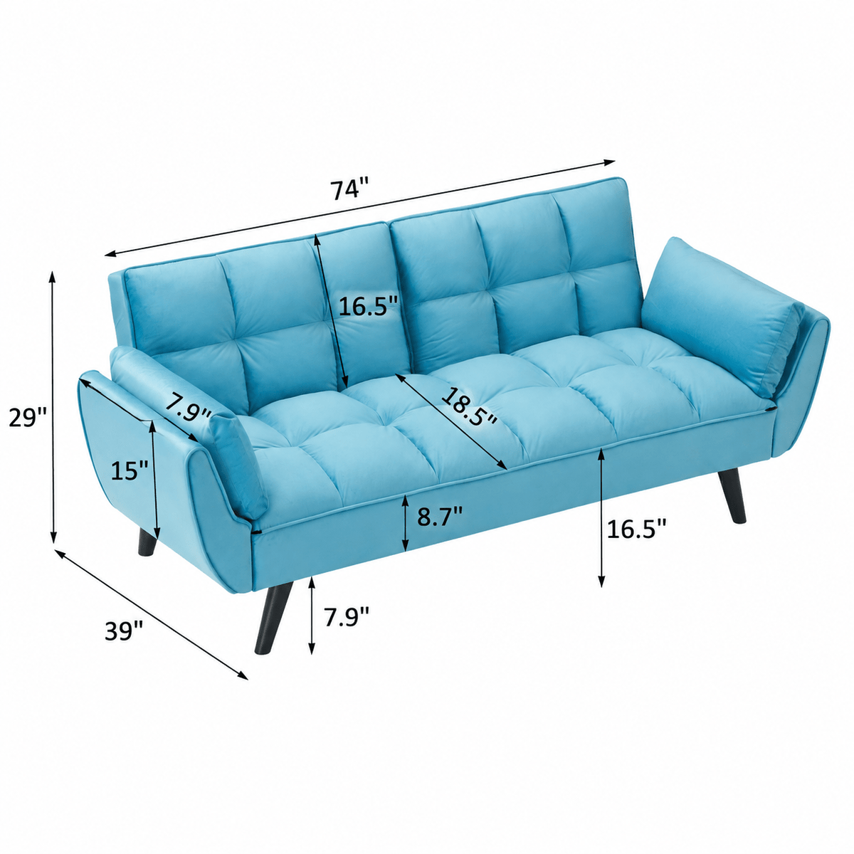Blue Tufted Convertible Sofa — supplier dimension diagram.