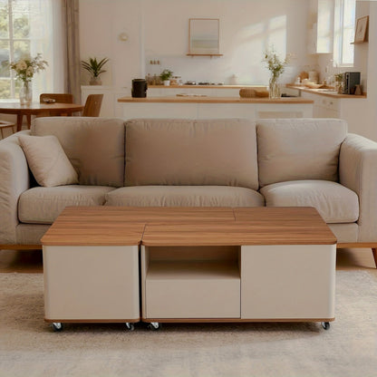 Beige and walnut-look rolling coffee table arranged in front of a sofa