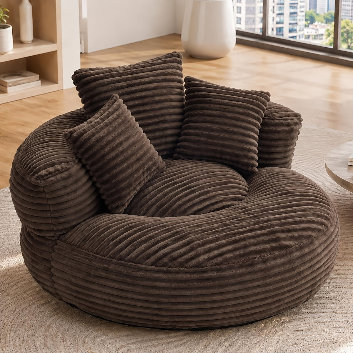 Round Corduroy Bean Bag Chair with Three Pillows — coffee front three-quarter view