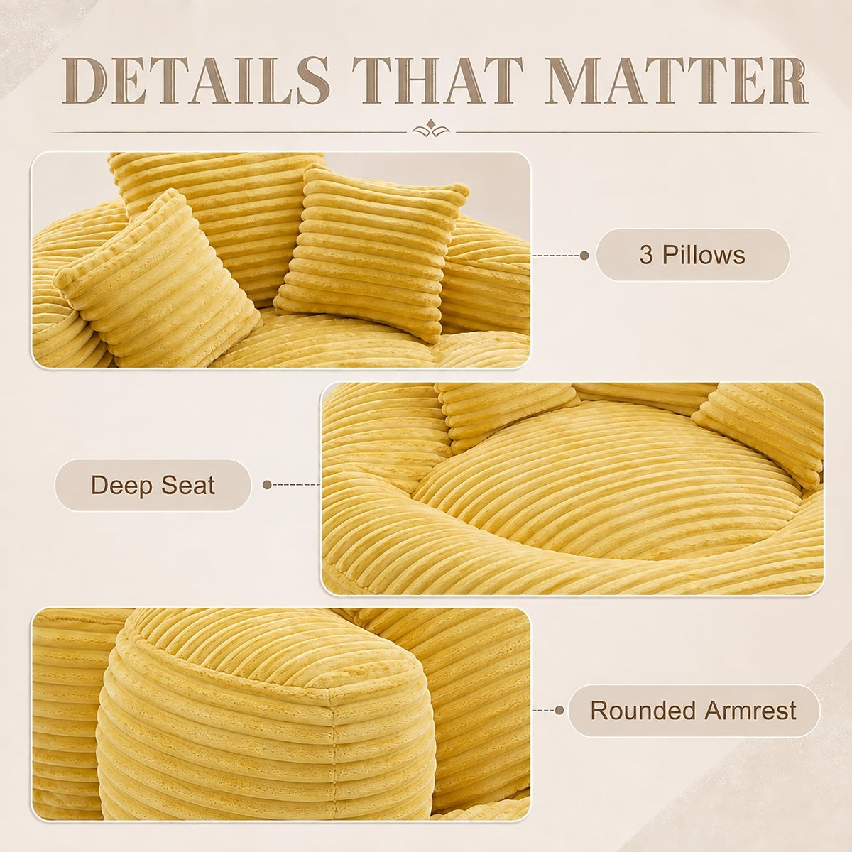Round Corduroy Bean Bag Chair with Three Pillows — yellow arm, seat and pillow feature collage