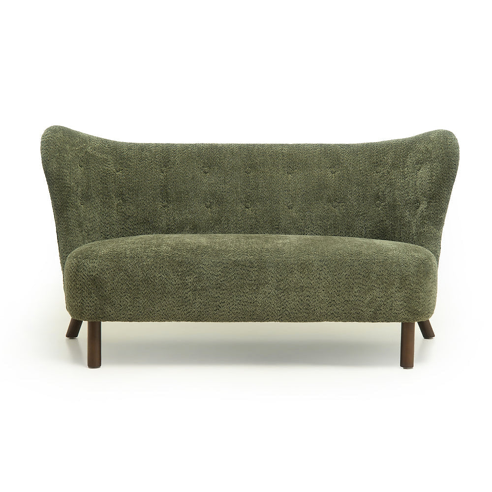 Front view of the olive green chenille loveseat showing its button-tufted curved back and bench seat.