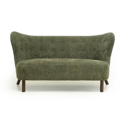 Front view of the olive green chenille loveseat showing its button-tufted curved back and bench seat.