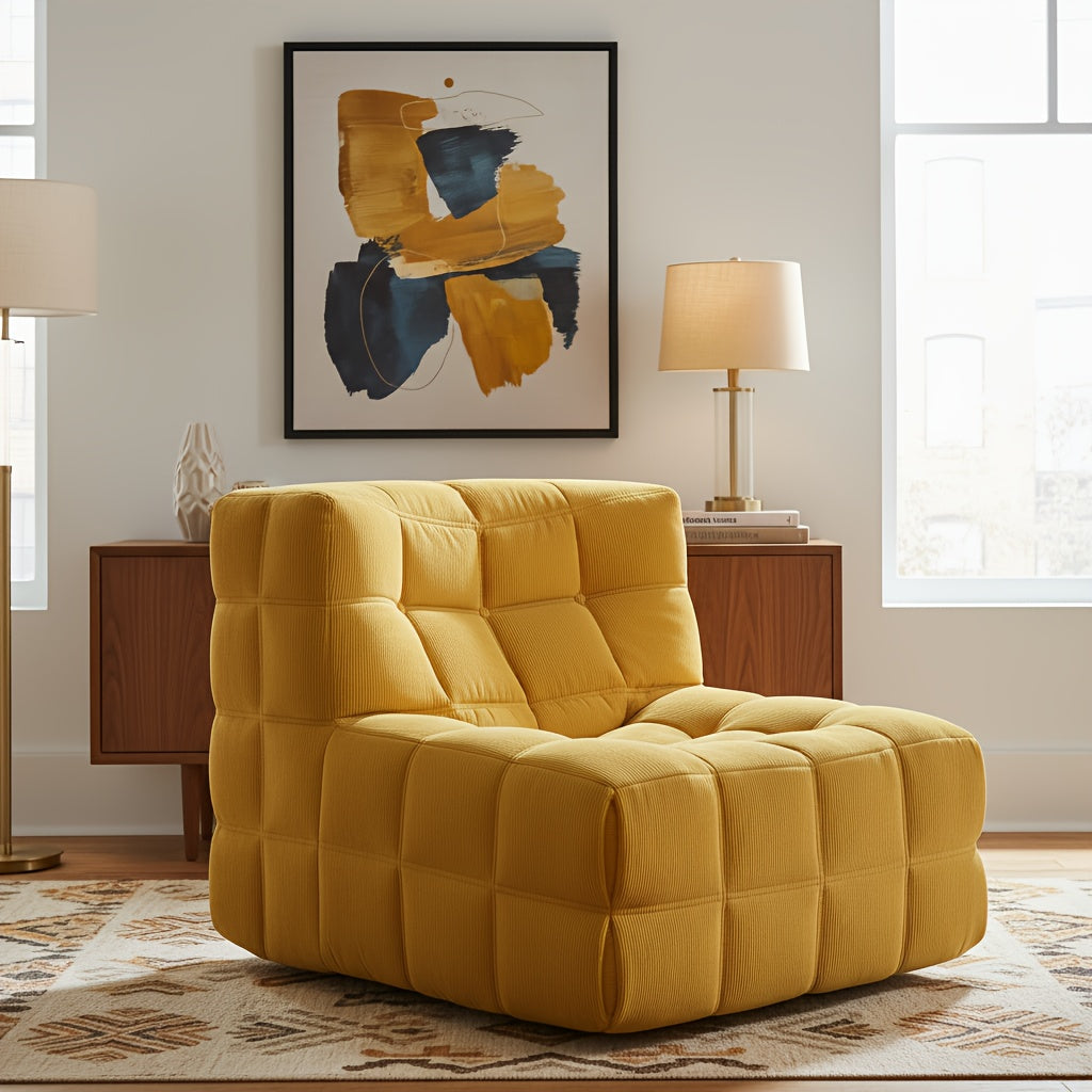Yellow channel-tufted foam floor lounge chair in a living room