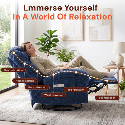 Blue chenille power swivel rocker recliner with a side pocket
